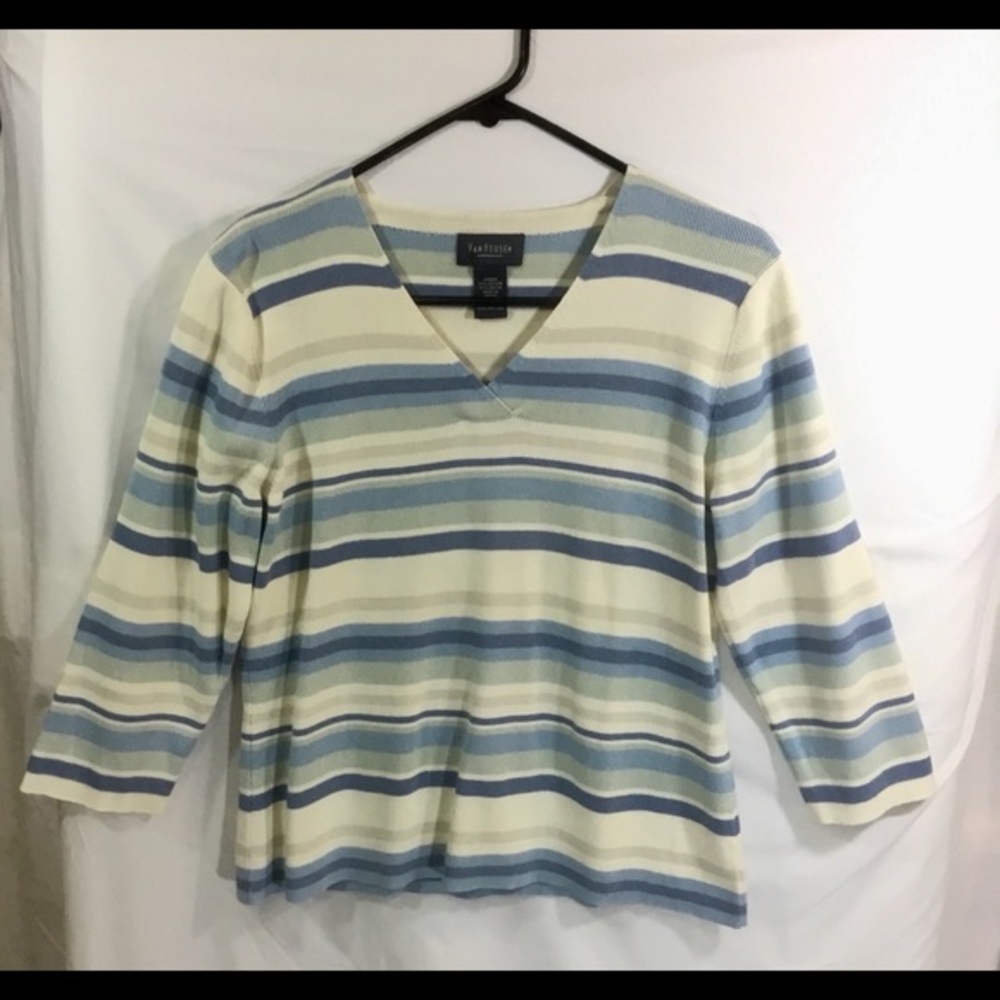Van Heusen Blue & Ivory Striped V Neck 3/4 Sleeve Sweater